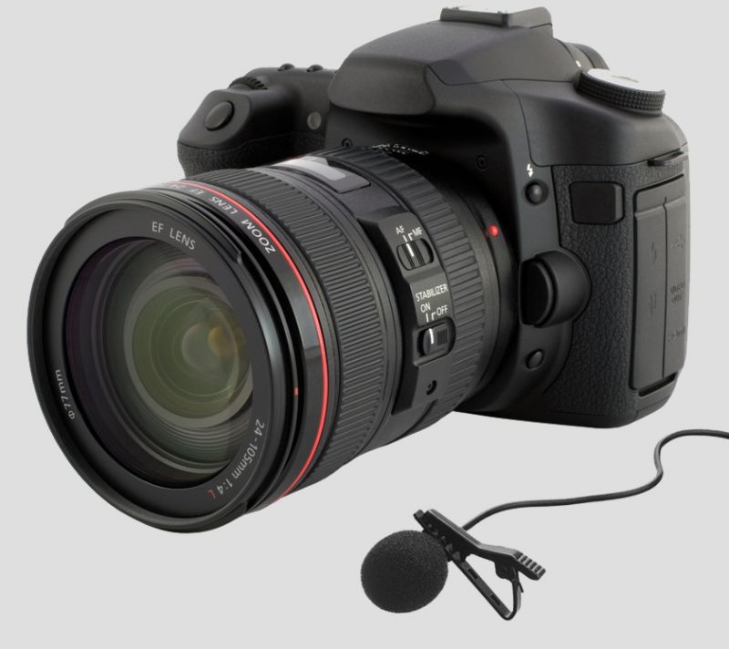 a dslr camera and lavalier microphone