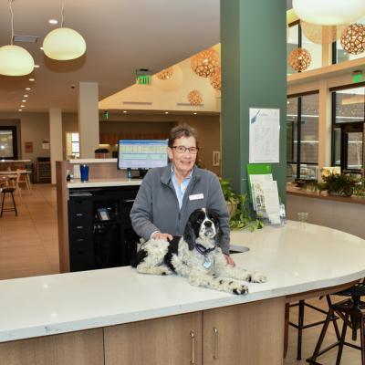 a woman stands at the front desk of a hotel with her foster dog