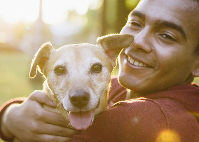 a smiling man holds a happy dog