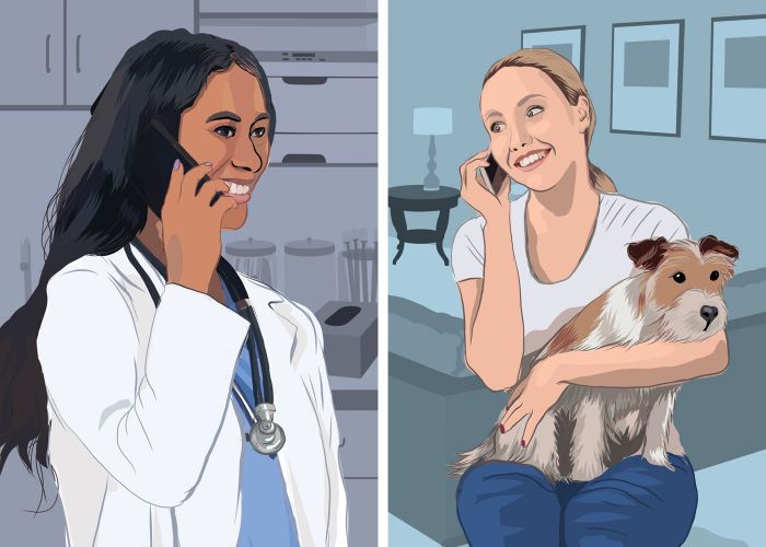illustration of a woman talking to her veterinarian on the phone