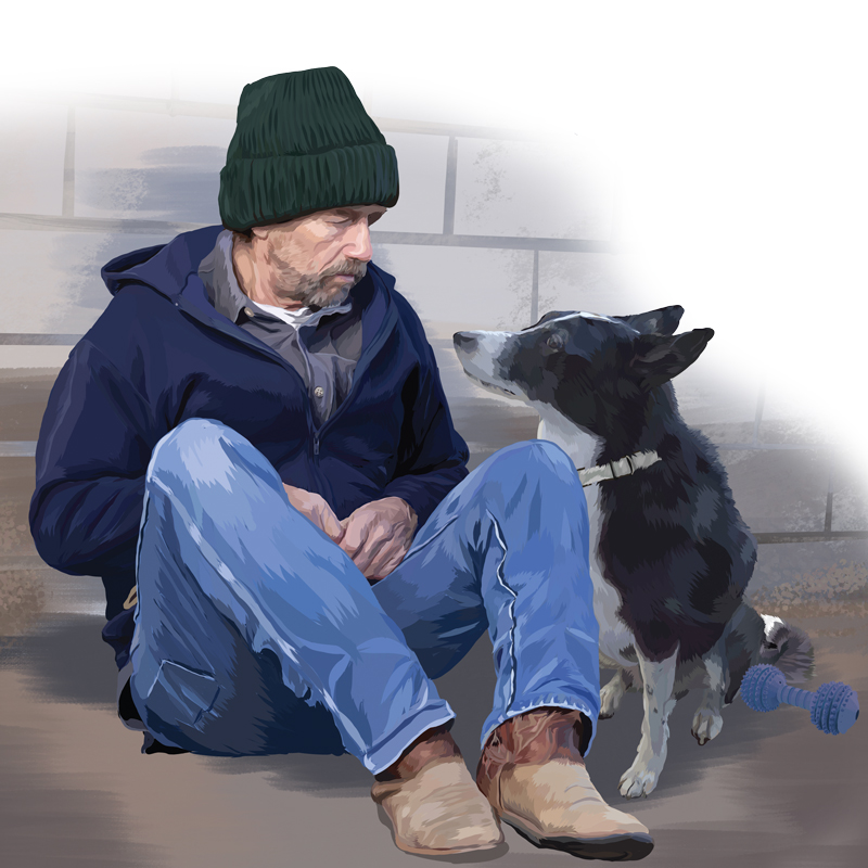 illustration of a homeless man and his dog