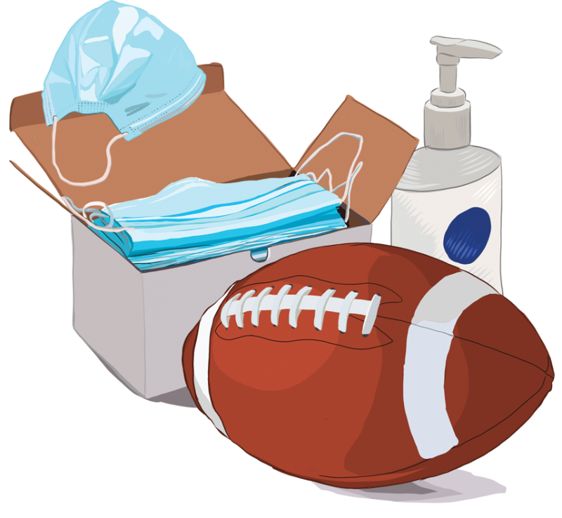 Illustration of a box of masks a football and hand sanitizer
