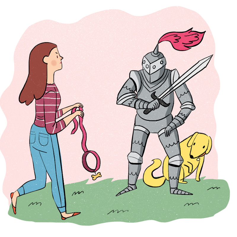 Illustration of an armored knight guarding a dog