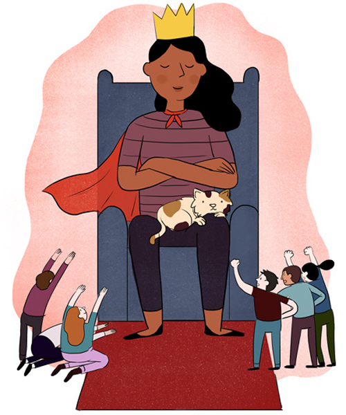illustration of a woman sitting on a throne with a cat on her lap