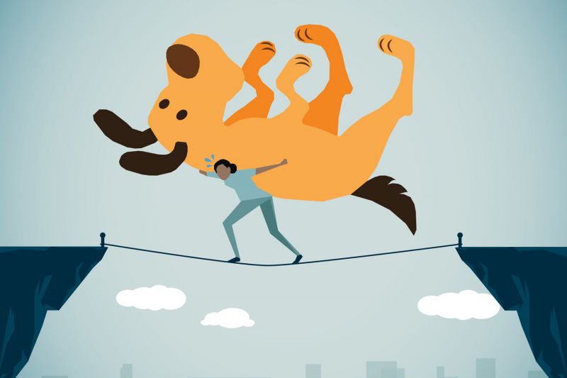 illustration of a woman trying to carry a massive dog across a tightrope