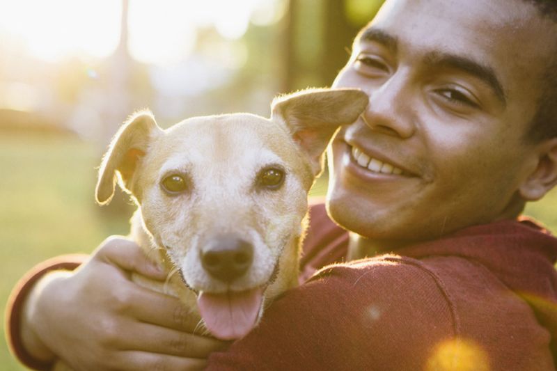 a smiling man holds a happy dog