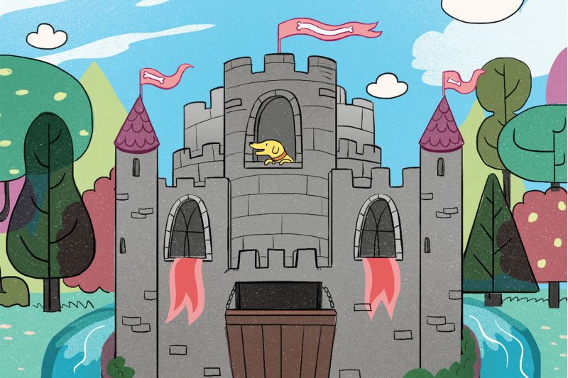 Illustration of a dog atop a fairy tale castle