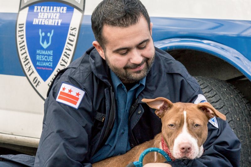 an animal control officer smiles at a dog
