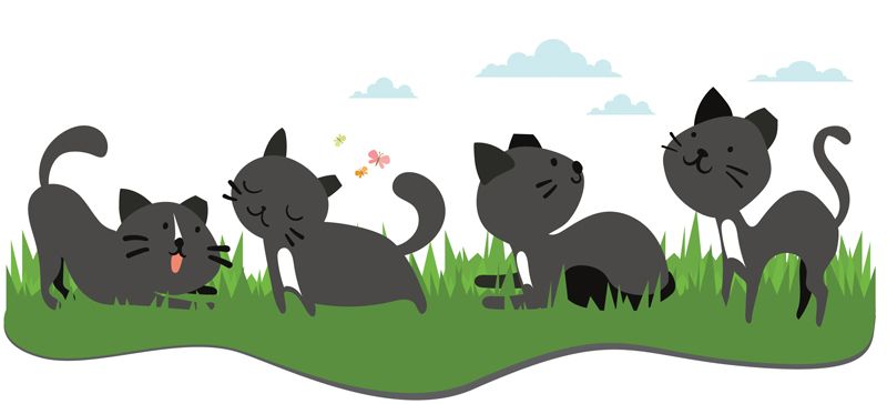 illustration of four ear-tipped cats playing in grass