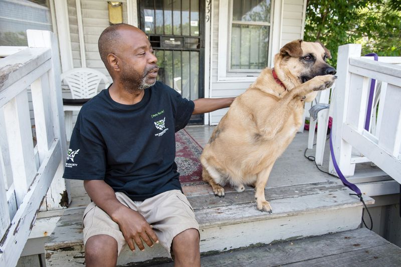 a man and his dog sitting on a porch stoop
