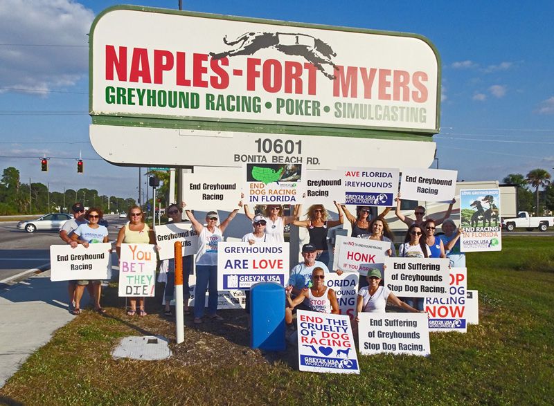A group of advocates gathered with signs at a greyhound racing track