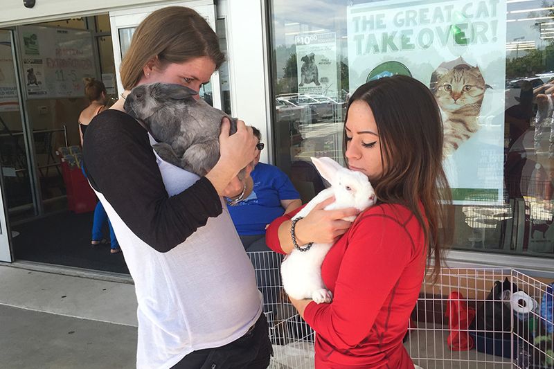 two women cuddle rabbits in front of a store