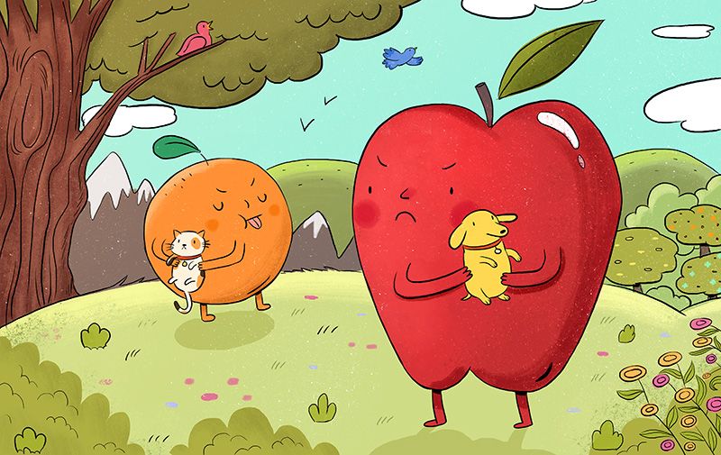 illustration of an apple holding a dog and an orange holding a cat