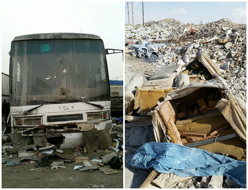 collage of a destroyed bus and huge piles of rubble