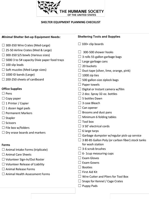 Shelter equipment planning checklist