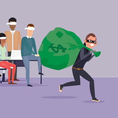 illustration of a thief running away from a group of blindfolded people with a large sack of money