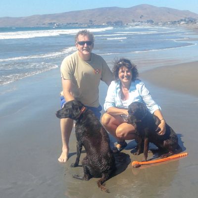 A couple and two dogs pose on a beach