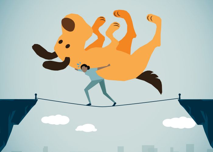 illustration of a woman trying to carry a massive dog across a tightrope
