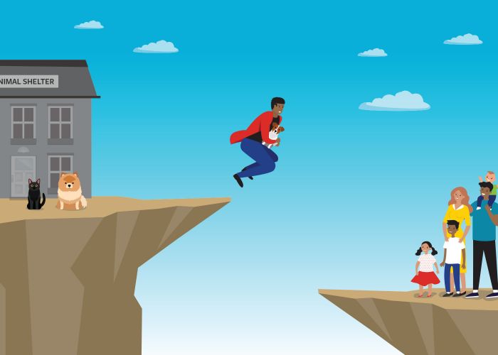 Conceptual illustration of a shelter worker taking a leap of faith, jumping off a cliff with a dog to hand off for adoption to a family