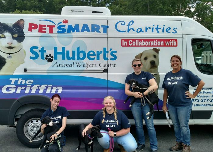 four women pose with dogs in front of a van