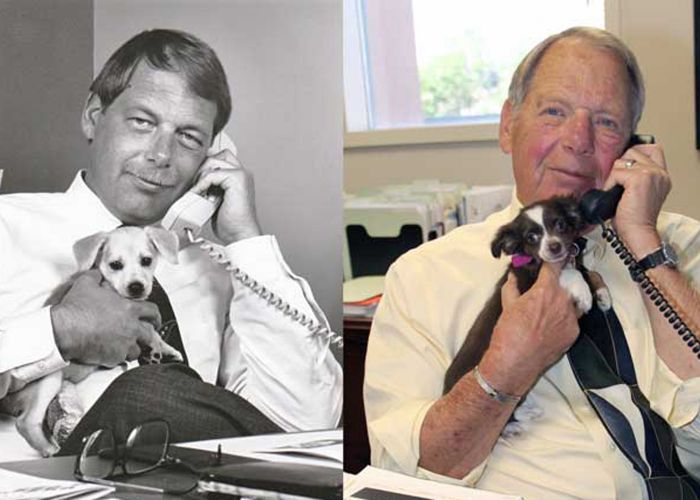 side by side photos of a man holding a dog in an office setting, decades apart