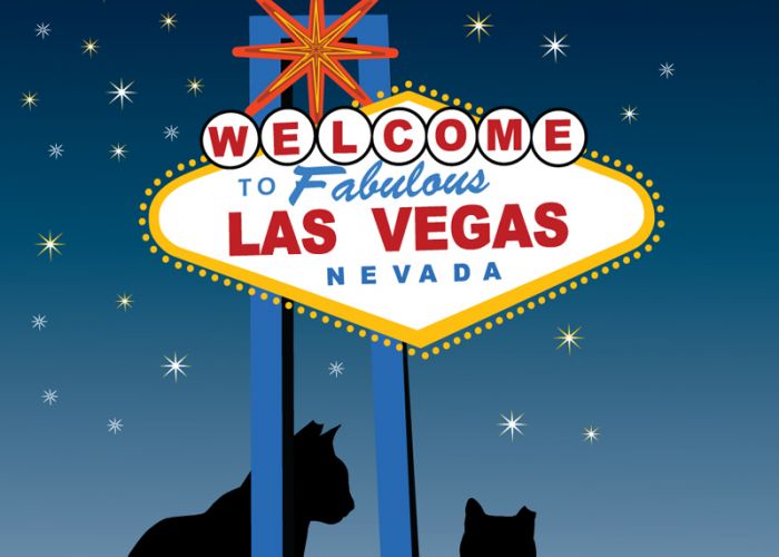 illustration of two cats sitting beneath the Las Vegas side