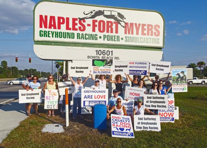 A group of advocates gathered with signs at a greyhound racing track
